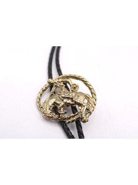 Western Cowboy Bolo Tie Bucking Bronco Lasso Gold Tone Leather Cord Brass Tips